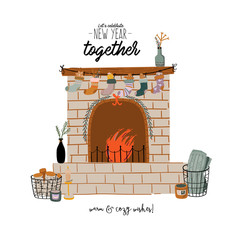 Wall Mural - Scandinavian interior with home decorations - wreath, cat, plaid, gift, candles, table. Cozy Winter holiday season. Cute illustration and Christmas typography in Hygge style. Vector. Isolated.