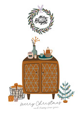 Wall Mural - Scandinavian interior with home decorations - wreath, cat, plaid, gift, candles, table. Cozy Winter holiday season. Cute illustration and Christmas typography in Hygge style. Vector. Isolated.