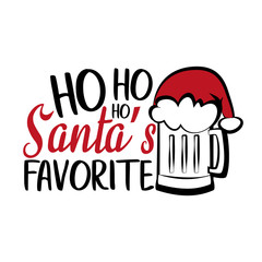 Ho ho ho Santa's favorite- funny christmas text with hand drawn beer mug and Santa's cap. Good for greeting card and  t-shirt print, flyer, poster design.