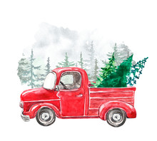 Watercolor Winter Illustration With Hand Painted Christmas Red Pickup Truck And Holiday Fir Trees. Holiday Artistic Background For Cards Design. Snowy Forest And Vintage Car In Cartoon Style.