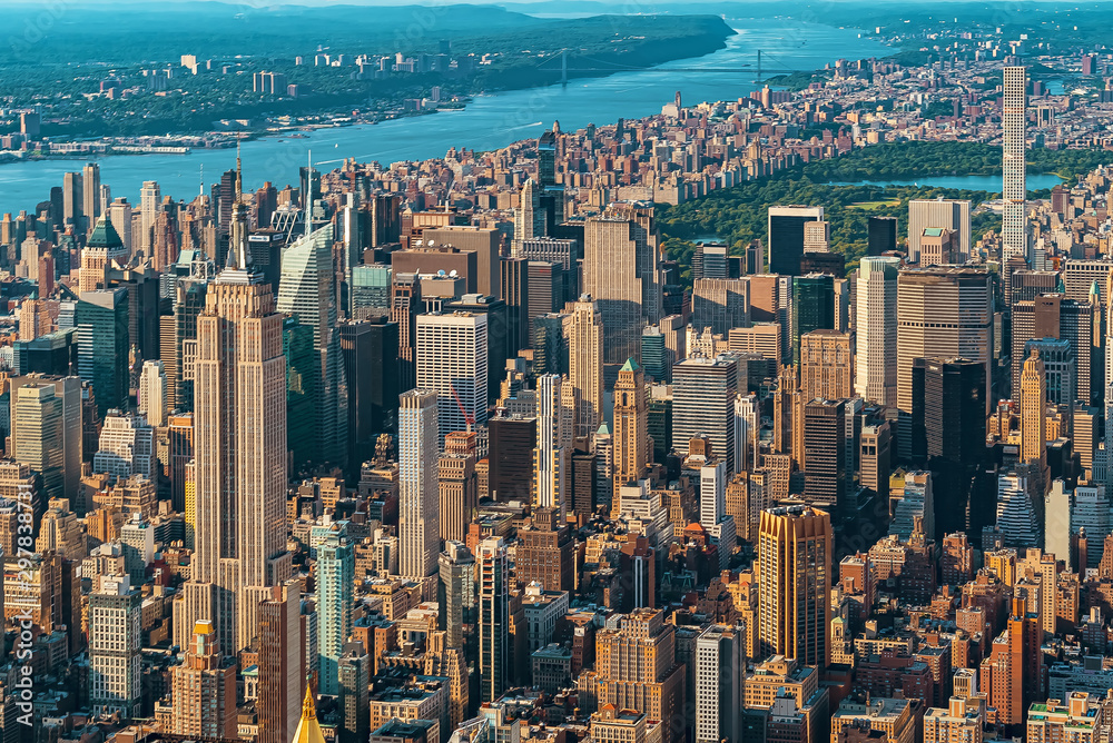 Widok z lotu ptaka, drapacze chmur, Manhattan, Miasto Nowy Jork - obrazy, fototapety, plakaty 