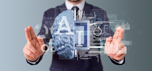 Poster - business man holding artificial intelligence icon with half brain and half circuit 3d rendering