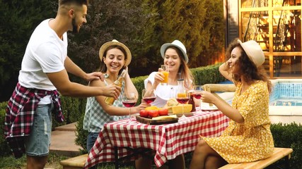 Poster - Happy friends with drinks having fun at barbecue party outdoors. Picnic time