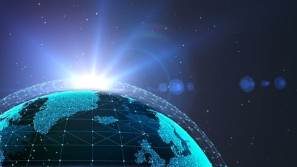 Aufkleber - Worldwide rotating globe blue business background, sunrise behind planet earth