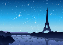 Eiffel Tower At Night Time With Landscape View,vector Illustration
