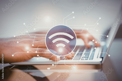 Fotografía Illustration of wifi icon with electronic connections