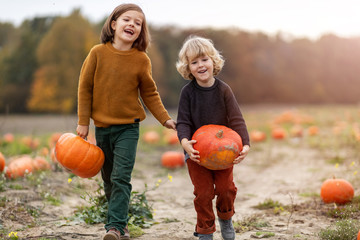 Two little boys having fun in a pumpkin patch