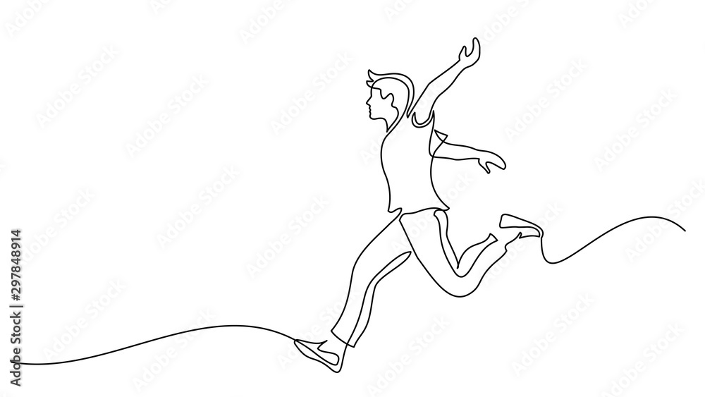Happy running man. Continuous one line drawing - obrazy, fototapety, plakaty 