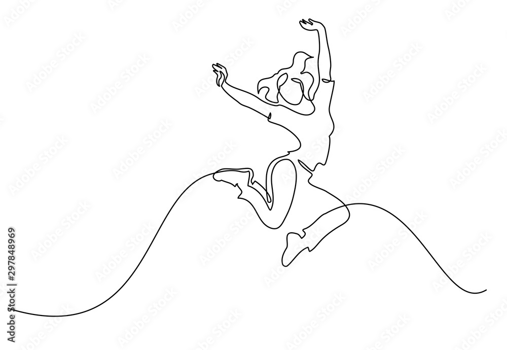 Happy jumping woman. Continuous one line drawing - obrazy, fototapety, plakaty 