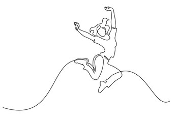 happy jumping woman. continuous one line drawing