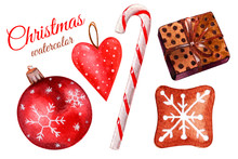 Merry Christmas! Watercolor. Happy New Year. Present. Biscuits. Caramel. Toy Ball. Snowflakes. Heart On Christmas Tree. Set