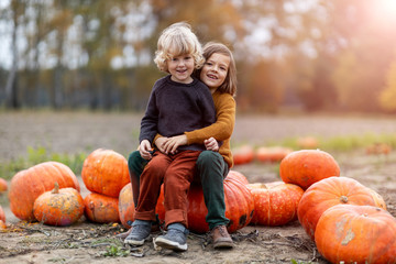 two little boys having fun in a pumpkin patch