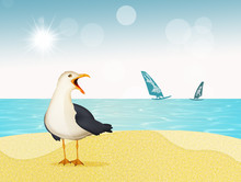 Illustration Of Seagull On The Island