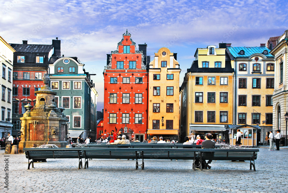 Old town of Stockholm - popular touristic attraction. Sweden - obrazy, fototapety, plakaty 