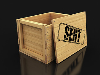 Poster - Wooden crate with stamp Sent. Image with clipping path