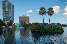Orlando, Florida. October 12, 2019. Panoramic View Of Little Island With Palms And Walt Disney Amphitheater On Lake Eola Park At Downtown Area 2