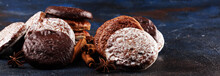 Typical German Gingerbreads Such As Lebkuchen And Aachener Printen On Rustic