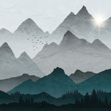 Mountain Landscape Sunrise Illustration, With Setting Sun And Mist In Valley.