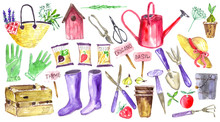 Summer Icons Set, Gardening Tools, Planting Time, Permaculture. Watercolor Illustration For Books, Greeting Cards And Package Design.