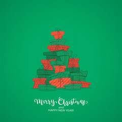 Wall Mural - Christmas Tree from Gifts on Green Background