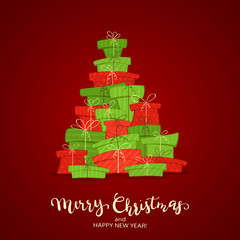 Wall Mural - Lettering Merry Christmas on Red Background with Holiday Gift Boxes