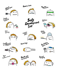 self development set hand drawn vector illustration in cartoon comic style men doing activities