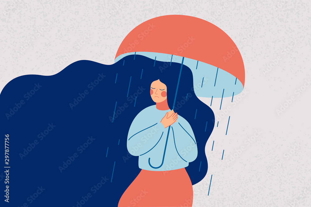 Depressed woman holds an open umbrella, which does not save her from the rain. Sad girl is in a stressful state. Colorful vector illustration in flat cartoon style - obrazy, fototapety, plakaty 