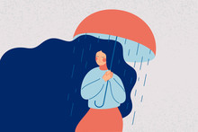 Depressed Woman Holds An Open Umbrella, Which Does Not Save Her From The Rain. Sad Girl Is In A Stressful State. Colorful Vector Illustration In Flat Cartoon Style