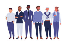 Businessmen team. Vector illustration of diverse standing cartoon men in office outfits. Isolated on white.