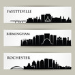 United States of America cities skylines - Fayetteville, Birmingham, Rochester, North Carolina, Alabama, New York - isolated vector illustration