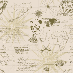 Vector abstract seamless background on the theme of travel, adventure and discovery. Old hand drawn map with vintage sailing yachts, wind rose, routs, nautical symbols and handwritten inscriptions