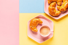 Coffee And Croissants On A Bright Trendy Background