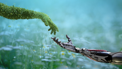 Wall Mural - Green technology conceptual design, human arm covered with grass and lush and robotic hand, 3d render