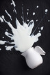 white milk splashes splattered, isolated on black background, nobody