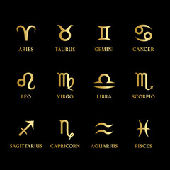 set of gold metal zodiac signs and symbols with names on black background. horoscope, astrology icon