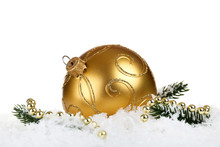 Christmas Bauble With Fir Tree Branches On White Background