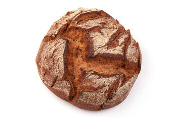 Round freshly baked rustic rye bread, isolated on white background