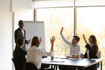 Sticker - Business people raise hands engaged in voting at conference training