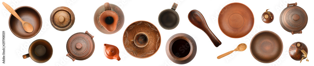 Panorama different ceramic products isolated on white. Top view. - obrazy, fototapety, plakaty 