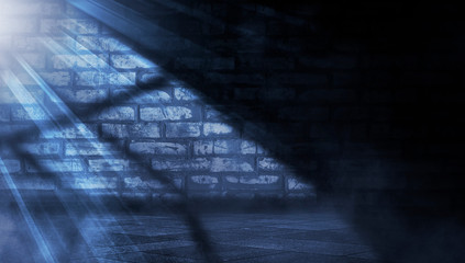 Empty scene background. Incident light from a window on an empty brick wall. Dark abstract background