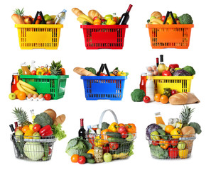 Poster - Set of shopping baskets with grocery products on white background