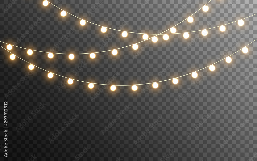 Christmas lights isolated. Glowing garlands on transparent dark background. Realistic luminous elements. Bright light bulbs for poster, card, brochure or web. Vector illustration - obrazy, fototapety, plakaty 