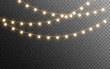 Christmas lights isolated. Glowing garlands on transparent dark background. Realistic luminous elements. Bright light bulbs for poster, card, brochure or web. Vector illustration