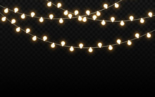 Christmas Lights Isolated On Dark Backdrop. Realistic Light Bulbs. Glowing Wire With Bright Lights. Party Garland With Luminous Elements. Holiday Template. Vector Illustration
