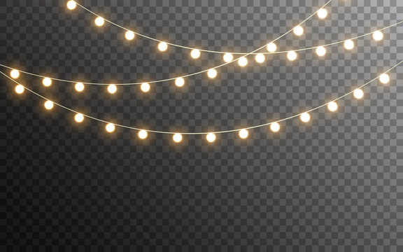 Fototapete - Christmas lights isolated. Glowing garlands on transparent dark background. Realistic luminous elements. Bright light bulbs for poster, card, brochure or web. Vector illustration