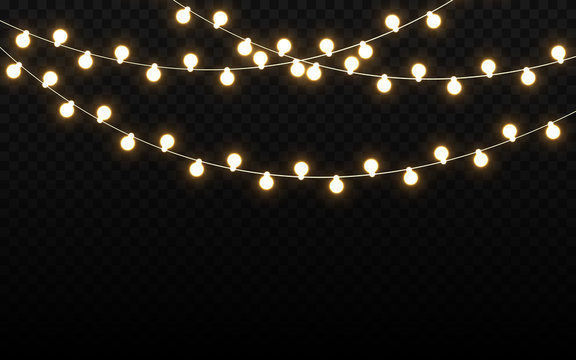 Fototapete - Christmas lights isolated on dark backdrop. Realistic light bulbs. Glowing wire with bright lights. Party garland with luminous elements. Holiday template. Vector illustration