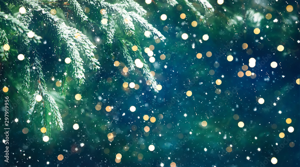 Wonderful Christmas Background with fresh fir tree - obrazy, fototapety, plakaty 