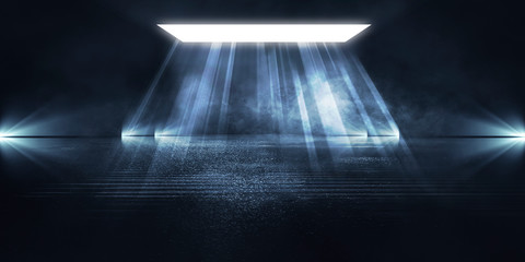 Wall Mural - empty background scene. dark street reflection on the wet pavement. rays neon light in the dark, neo