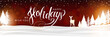 Happy Holidays Winter Landscape Background. Christmas lettering banner. XMas Greeting on Red with Fir Tree and Deer