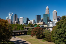 Charlotte, North Carolina City Skyline In Early Autumn With Blue Skies